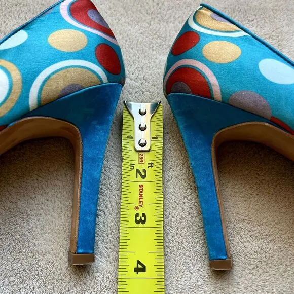 Martinez Valero Turquoise Teal Fabric Peep Toe Pump Multi-Color Dots Women’s 8.5