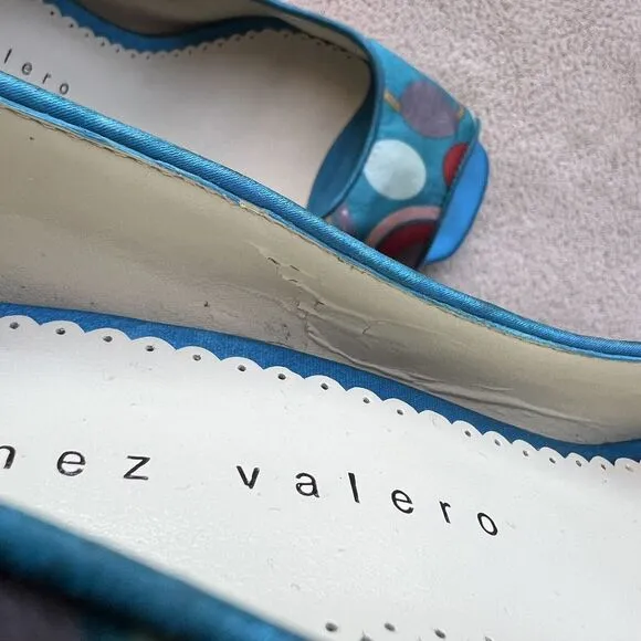 Martinez Valero Turquoise Teal Fabric Peep Toe Pump Multi-Color Dots Women’s 8.5