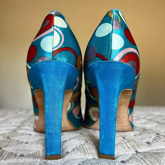 Martinez Valero Turquoise Teal Fabric Peep Toe Pump Multi-Color Dots Women’s 8.5