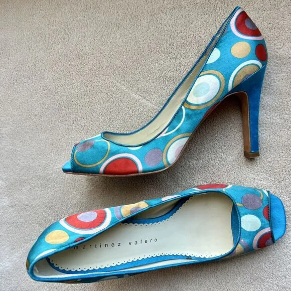 Martinez Valero Turquoise Teal Fabric Peep Toe Pump Multi-Color Dots Women’s 8.5