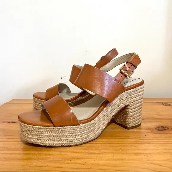 Massimo Dutti Heeled Sandals Brown Tan Leather Rattan Rope Bottom Size 39