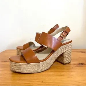 Massimo Dutti Heeled Sandals Brown Tan Leather Rattan Rope Bottom Size 39