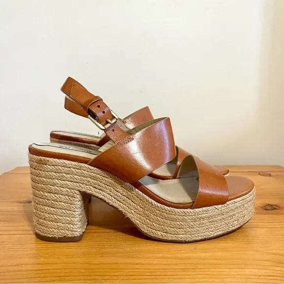 Massimo Dutti Heeled Sandals Brown Tan Leather Rattan Rope Bottom Size 39