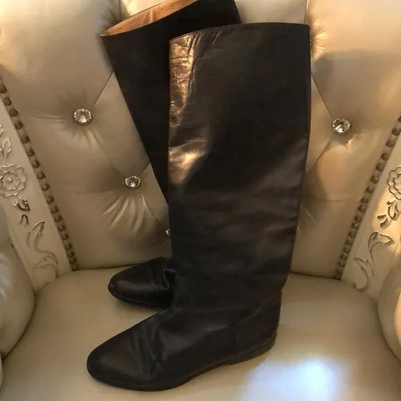 Maud Frizen Tall Black Leather Boots with Low Heel, Women’s Size 6/37
