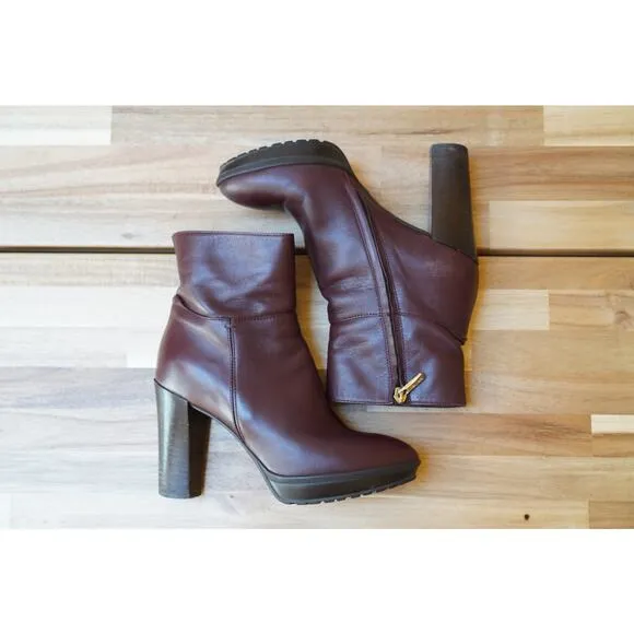 Max Mara Classic Leather Block Heel Zip Up Ankle Boots Booties Brown Size 38