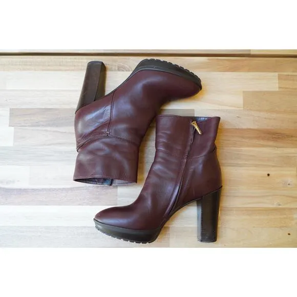 Max Mara Classic Leather Block Heel Zip Up Ankle Boots Booties Brown Size 38