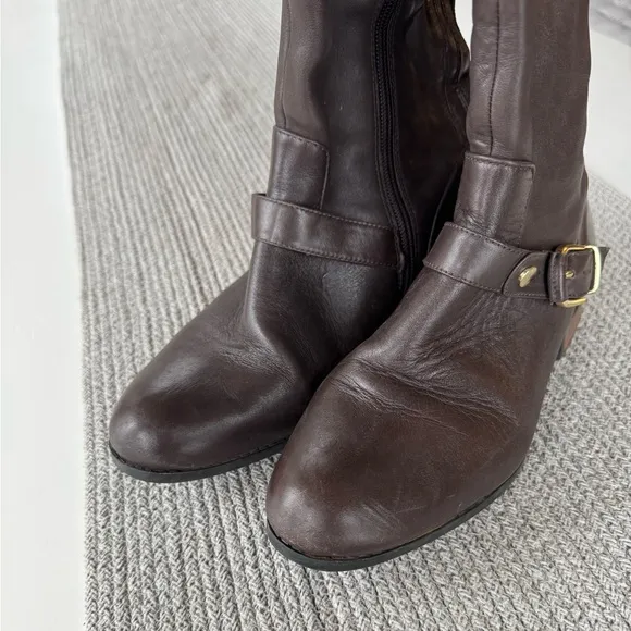 Me Too Arctic Oxblood Dark Brown Leather Tall Riding Boots Gold Details Size 8