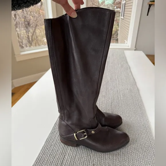 Me Too Arctic Oxblood Dark Brown Leather Tall Riding Boots Gold Details Size 8