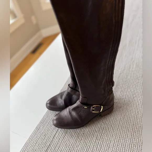 Me Too Arctic Oxblood Dark Brown Leather Tall Riding Boots Gold Details Size 8