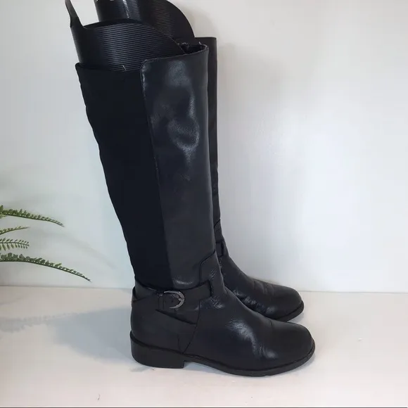 ME TOO DASHA TALL LOW HEEL BUCKLE BLACK LEATHER BOOTS SZ 8