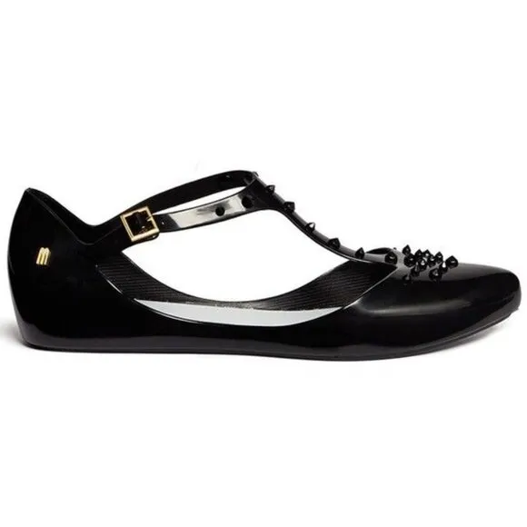 Melissa Jason Wu Doris Flats Black Spikes Studded Edgy Ballet Shiny Patent Jelly