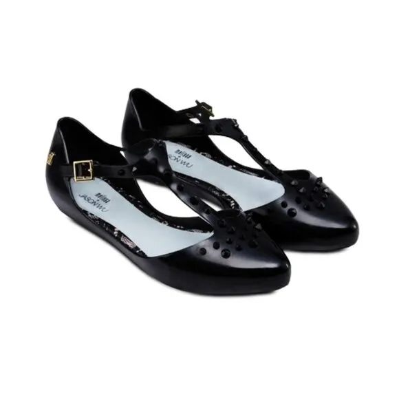 Melissa Jason Wu Doris Flats Black Spikes Studded Edgy Ballet Shiny Patent Jelly