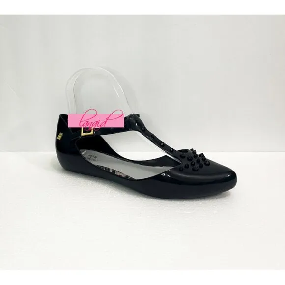 Melissa Jason Wu Doris Flats Black Spikes Studded Edgy Ballet Shiny Patent Jelly