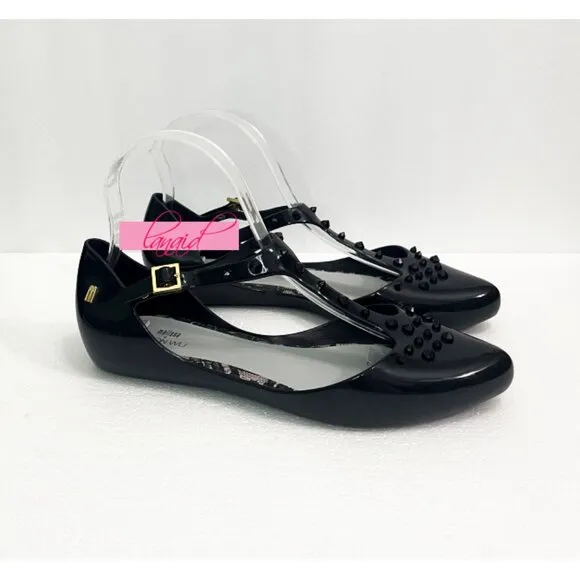 Melissa Jason Wu Doris Flats Black Spikes Studded Edgy Ballet Shiny Patent Jelly