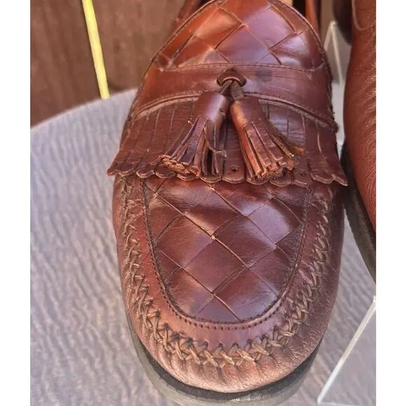 Men's Brass Boot Brown Leather Tassel and Weave Loafers Size 12 Made in Spain