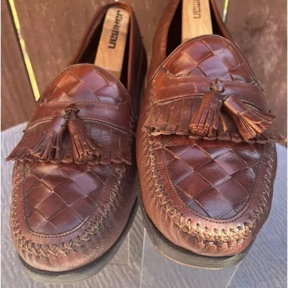 Men's Brass Boot Brown Leather Tassel and Weave Loafers Size 12 Made in Spain