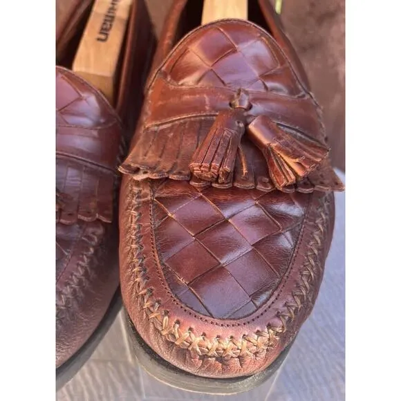 Men's Brass Boot Brown Leather Tassel and Weave Loafers Size 12 Made in Spain