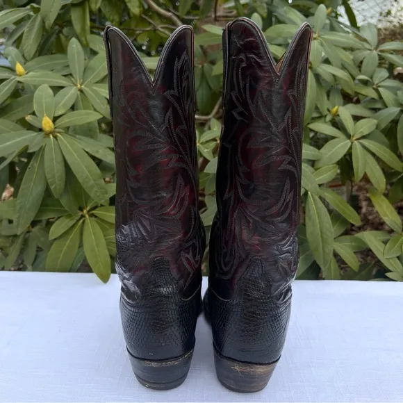 Men’s Lucchese Cherry Red Black Lizard Skin Cowboy Boots