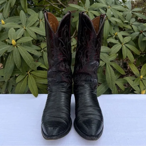 Men’s Lucchese Cherry Red Black Lizard Skin Cowboy Boots