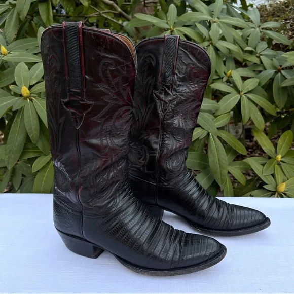 Men’s Lucchese Cherry Red Black Lizard Skin Cowboy Boots