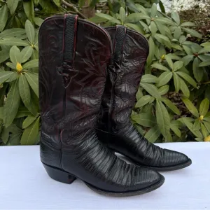 Men’s Lucchese Cherry Red Black Lizard Skin Cowboy Boots