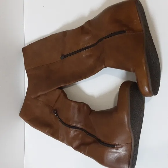 Mercanti Fiorentini leather boots heel knee  wedge brown women 38 pull on