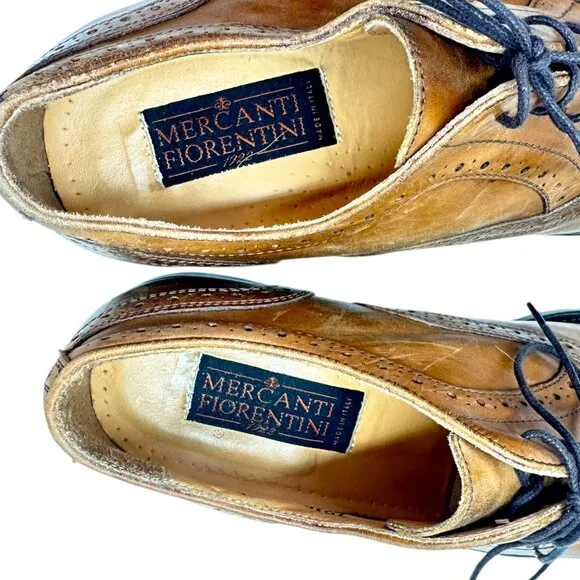 MERCANTI FIORENTINI Mens 10 7010 Medallion Cap Brogue Oxford Shoes Brown Leather
