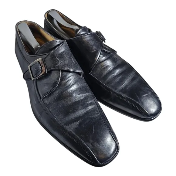 MERCANTI FLORENTI Men's Monk Strap Oxfords Black Leather Made In Italy Size 10.5