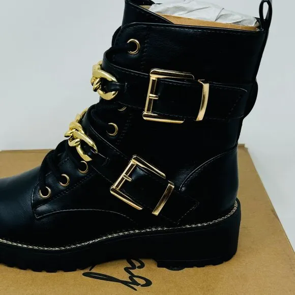 Metal Chain Embellished Biker Boots by London Rag in Black/Gold NWT NIB
