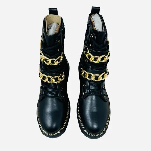 Metal Chain Embellished Biker Boots by London Rag in Black/Gold NWT NIB