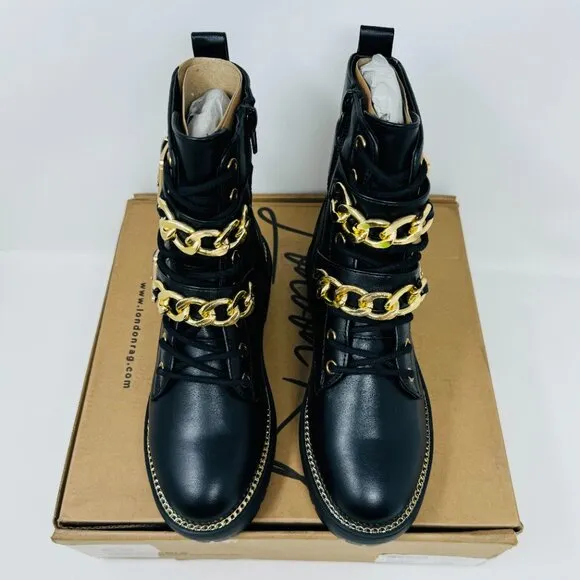 Metal Chain Embellished Biker Boots by London Rag in Black/Gold NWT NIB