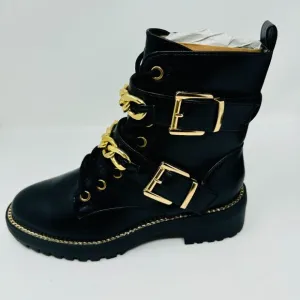 Metal Chain Embellished Biker Boots by London Rag in Black/Gold NWT NIB