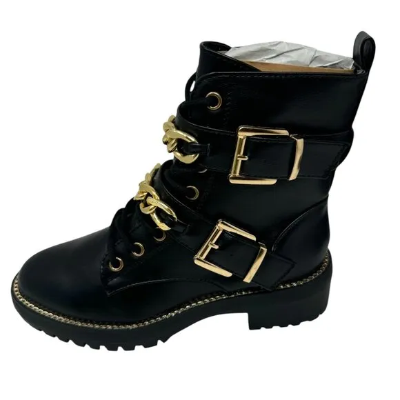 Metal Chain Embellished Biker Boots by London Rag in Black/Gold NWT NIB