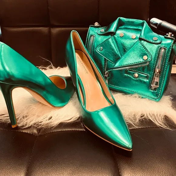 Metallic Green High Heels with Matching Motorcycle Crossbody Bag - US9 EU40