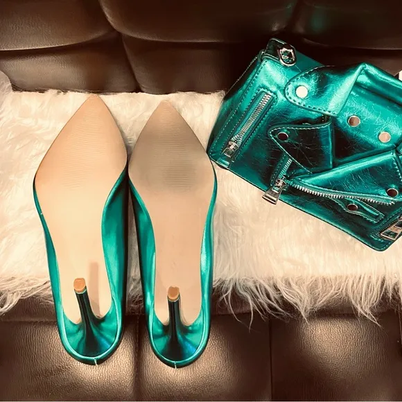 Metallic Green High Heels with Matching Motorcycle Crossbody Bag - US9 EU40