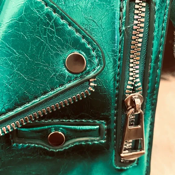 Metallic Green High Heels with Matching Motorcycle Crossbody Bag - US9 EU40