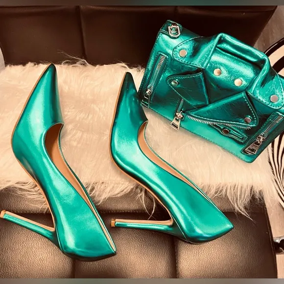 Metallic Green High Heels with Matching Motorcycle Crossbody Bag - US9 EU40