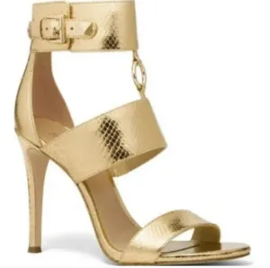 Michael Kors Amos Gold Leather &amp; Hardware Sandals Slide Shoes Heels Pump NEW