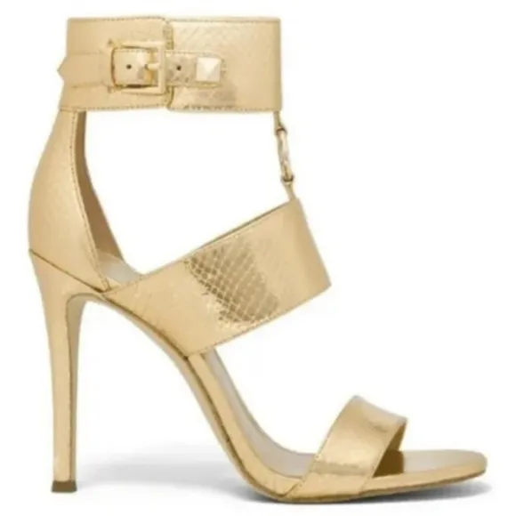 Michael Kors Amos Gold Leather &amp; Hardware Sandals Slide Shoes Heels Pump NEW