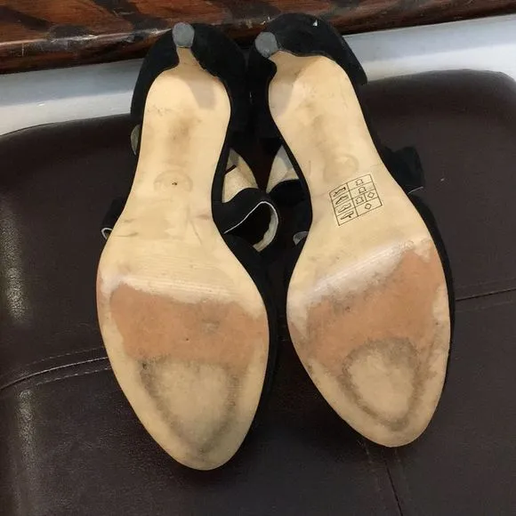 MICHAEL KORS Black Suede Peep Toe Gold Zipper Back High Heel Shoes Sz 8•1/2