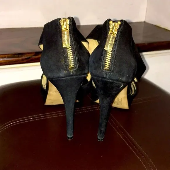MICHAEL KORS Black Suede Peep Toe Gold Zipper Back High Heel Shoes Sz 8•1/2
