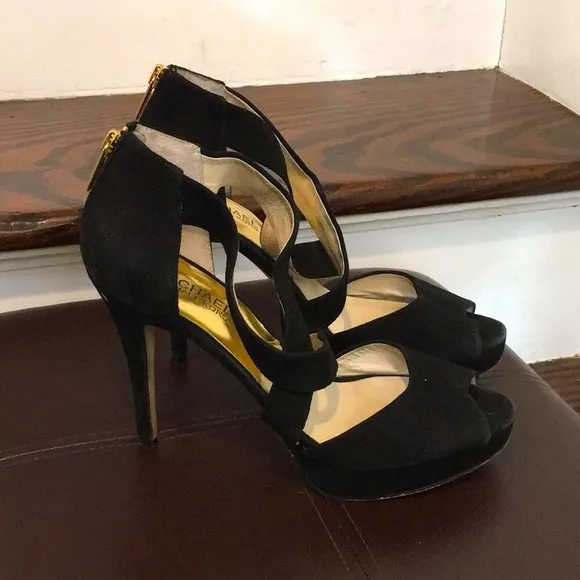 MICHAEL KORS Black Suede Peep Toe Gold Zipper Back High Heel Shoes Sz 8•1/2