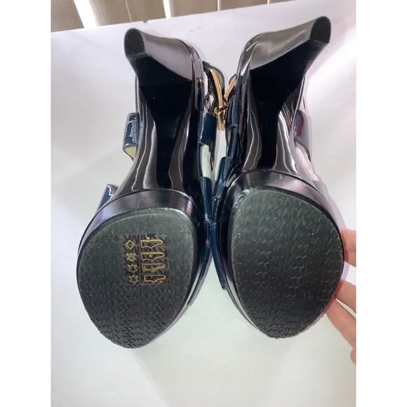 Michael Kors Black/Navy? Patent Leather Peep Toe Heels Gold Hardware Sz 7.5 NWOB