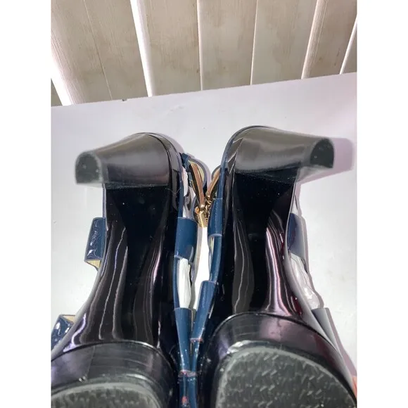 Michael Kors Black/Navy? Patent Leather Peep Toe Heels Gold Hardware Sz 7.5 NWOB