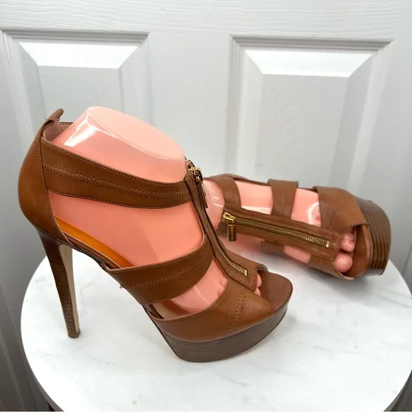 Michael Kors Brown Leather Zipper Top Stiletto Platform Peep Toes Shoes
