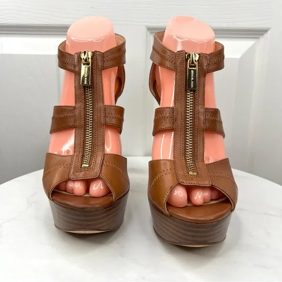 Michael Kors Brown Leather Zipper Top Stiletto Platform Peep Toes Shoes