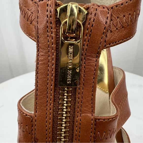 Michael Kors Brown Leather Zipper Top Stiletto Platform Peep Toes Shoes