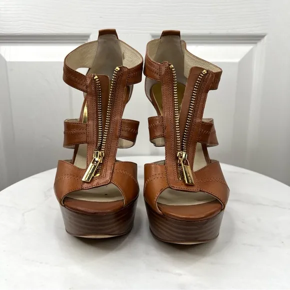Michael Kors Brown Leather Zipper Top Stiletto Platform Peep Toes Shoes