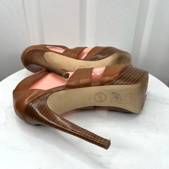 Michael Kors Brown Leather Zipper Top Stiletto Platform Peep Toes Shoes