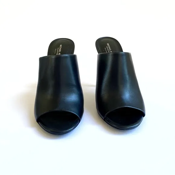 MICHAEL KORS COLLECTION BLACK LEATHER TINA RUNWAY SLIDE HEEL MULES